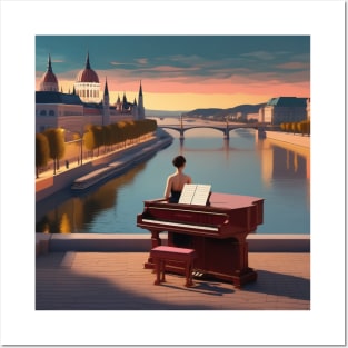 A Pianist Ready To Perform By The River Danube In Budapest Hungary Posters and Art